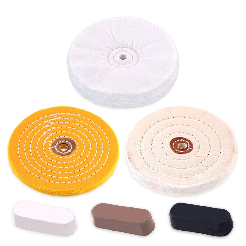 Rustark 6 Piece Polishing Compounds Kit with 3 Assorted Buffing Wheels Including Black Emery, Brown Tripoli, White Diamond, Yellow (30 Ply) Flannel (30 Ply), Cotton (40 Ply) for polishing - Image 1